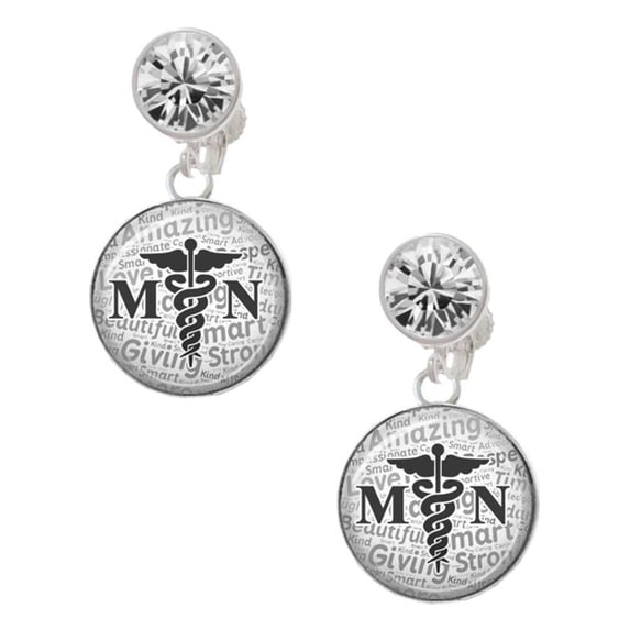 Silvertone Domed Black MN Clear Crystal Clip On Earrings