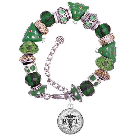 Silvertone Domed Black RVT Green Christmas Bead Bracelet