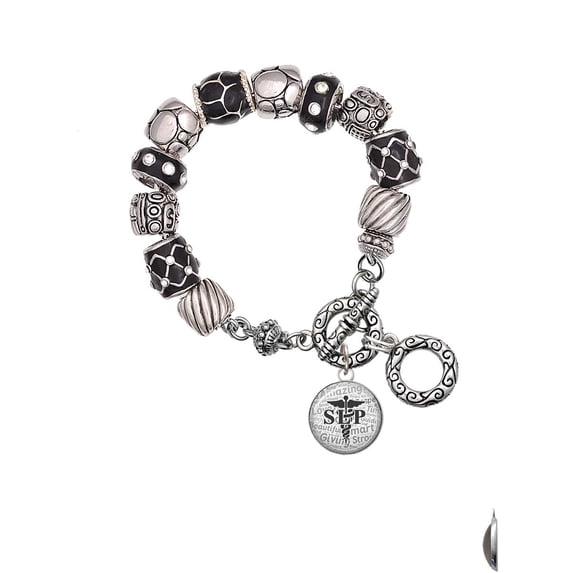 Silvertone Domed Black SLP Black Pebble Bead Charm Bracelet