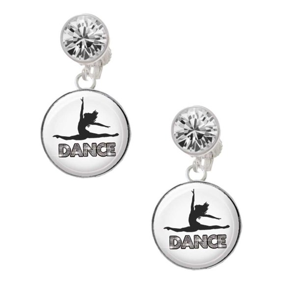 Silvertone Domed Contemporary Dance Splits Clear Crystal Clip On Earrings