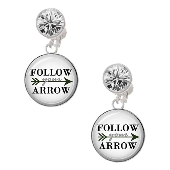 Silvertone Domed Follow Your Arrow Clear Crystal Clip On Earrings