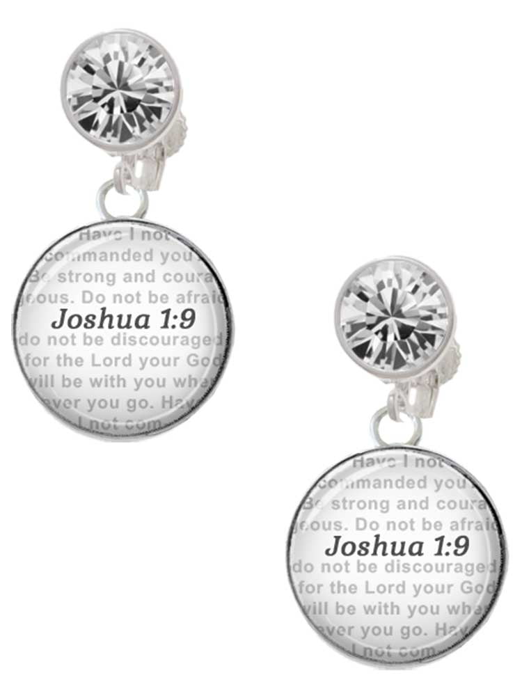 Silvertone Domed Joshua 1:9 Clear Crystal Clip On Earrings