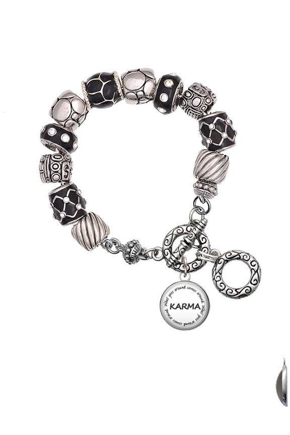 Silvertone Domed Karma Black Pebble Bead Charm Bracelet