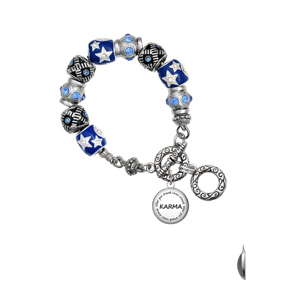 Silvertone Domed Karma Blue Moon Bead Charm Bracelet
