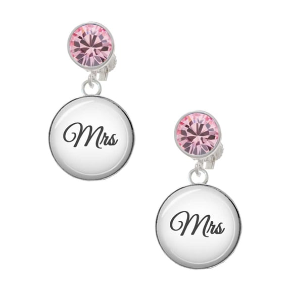 Silvertone Domed Mrs. Pink Crystal Clip On Earrings