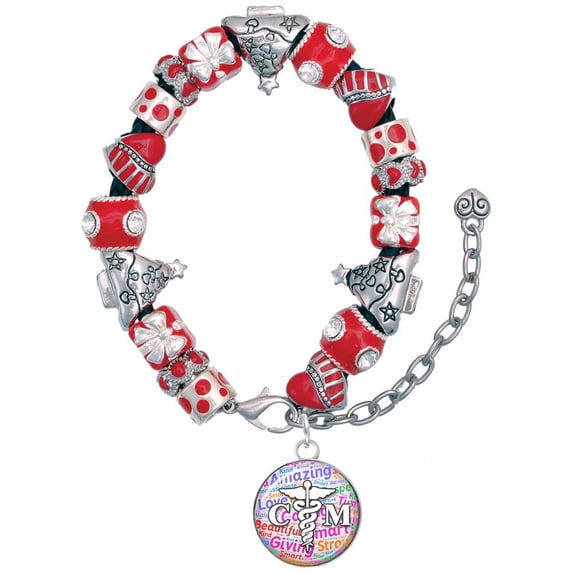 Silvertone Domed Multi Color CM Red Christmas Bead Bracelet