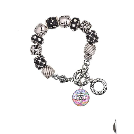Silvertone Domed Multi Color DMD Black Pebble Bead Charm Bracelet