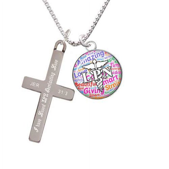 Silvertone Domed Multi Color LPN - Everlasting Love - Cross Necklace