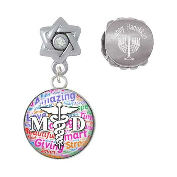 Silvertone Domed Multi Color MD Happy Hanukkah Charm Beads (Set of 2)