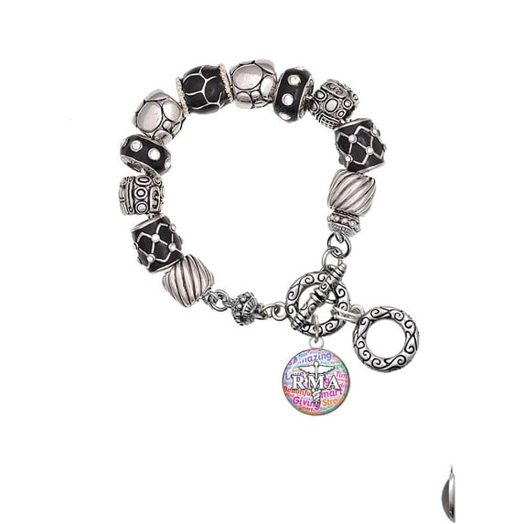Silvertone Domed Multi Color RMA Black Pebble Bead Charm Bracelet