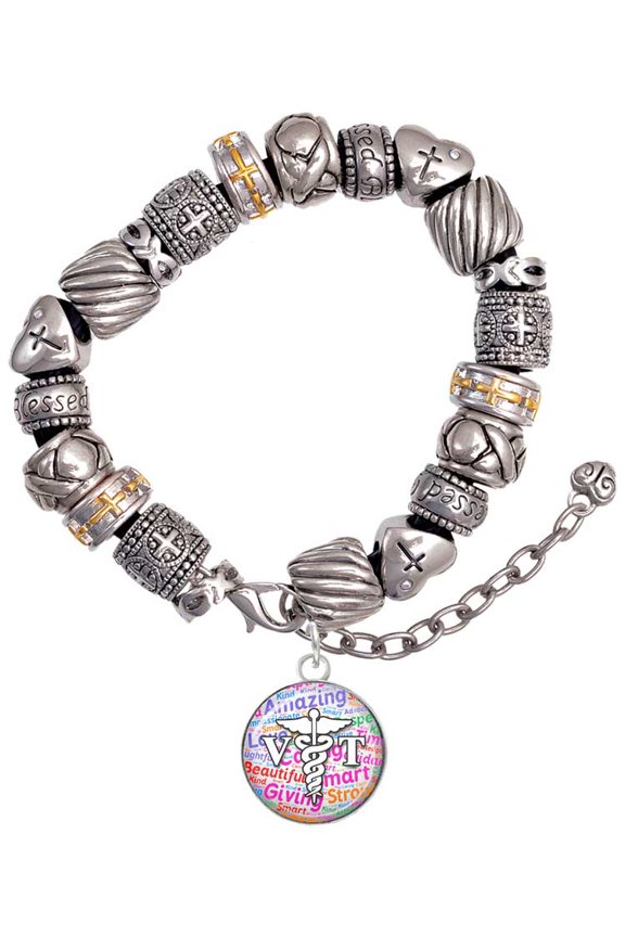 Silvertone Domed Multi Color VT Silver Tone Christian Bead Bracelet