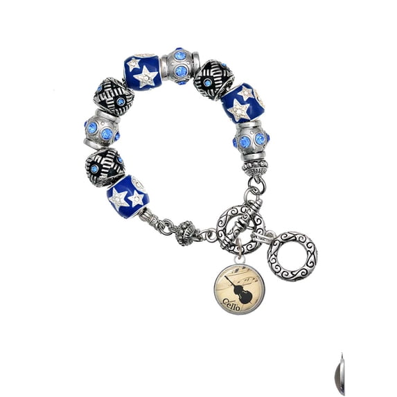 Silvertone Domed Music - Cello Blue Moon Bead Charm Bracelet
