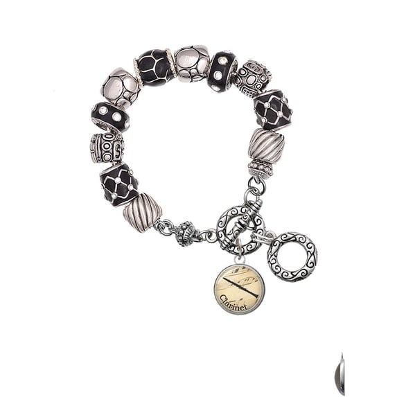 Silvertone Domed Music - Clarinet Black Pebble Bead Charm Bracelet