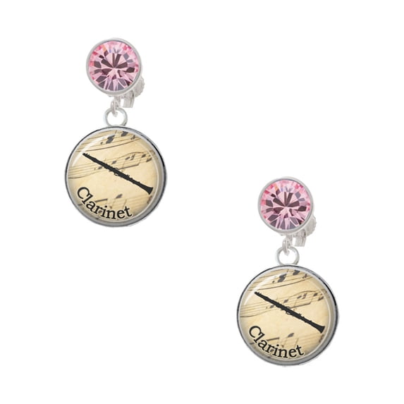 Delight Jewelry Silvertone Domed Music - Clarinet Pink Crystal Clip on Earrings