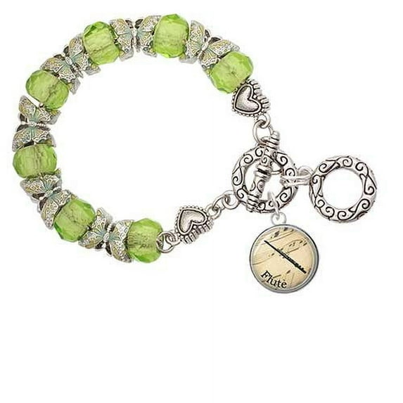 Silvertone Domed Music - Flute Lime Green Butterfly Bead Charm Bracelet