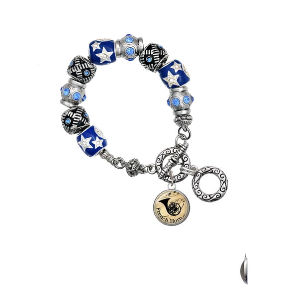 Silvertone Domed Music - French Horn Blue Moon Bead Charm Bracelet