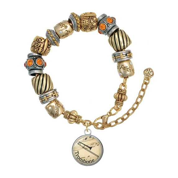 Silvertone Domed Music - Trombone Two Tone Christian Bead Bracelet