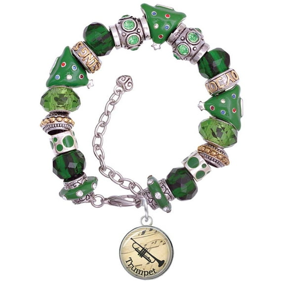Silvertone Domed Music - Trumpet Green Christmas Bead Bracelet