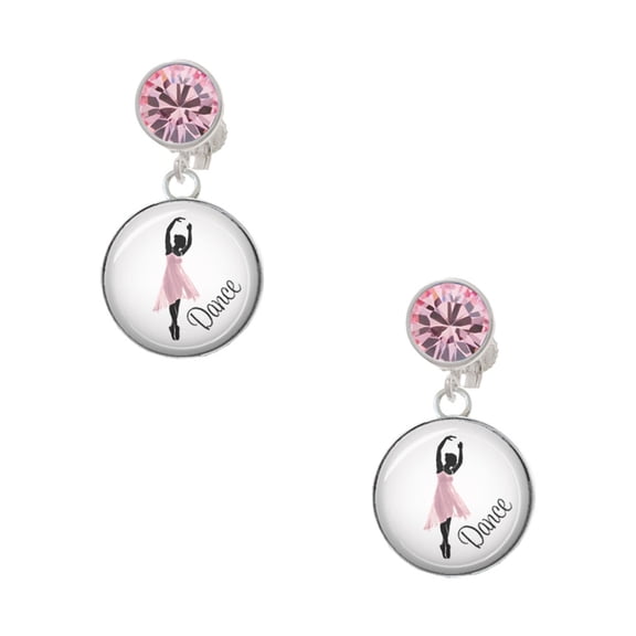 Delight Jewelry Silvertone Domed Pink Ballet Dancer Pink Crystal Clip on Earrings
