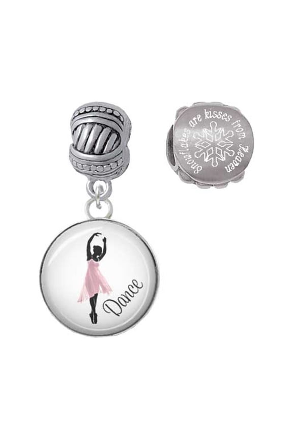 Silvertone Domed Pink Ballet Dancer Snowflakes are Kisses from Heaven Charm Beads (Set of 2)