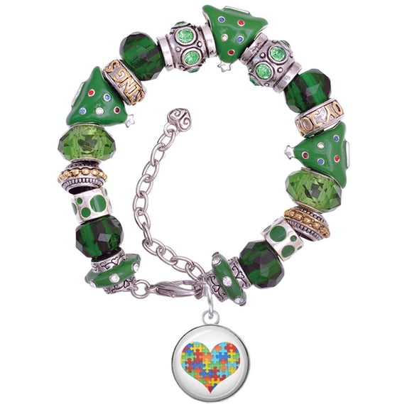 Silvertone Domed Puzzle Piece Heart Green Christmas Bead Bracelet