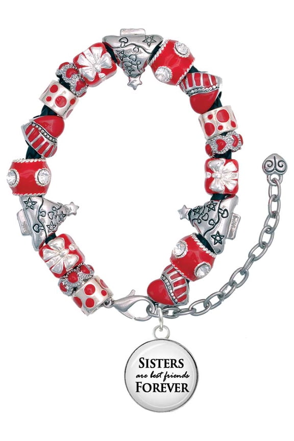 Silvertone Domed Sisters are Best Friends Forever Red Christmas Bead Bracelet
