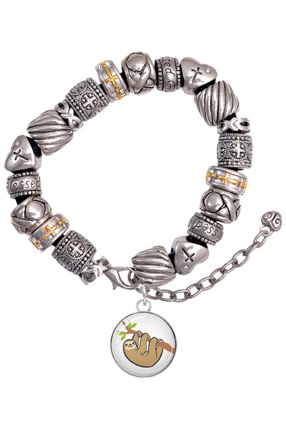 Silvertone Domed Sloth Silver Tone Christian Bead Bracelet