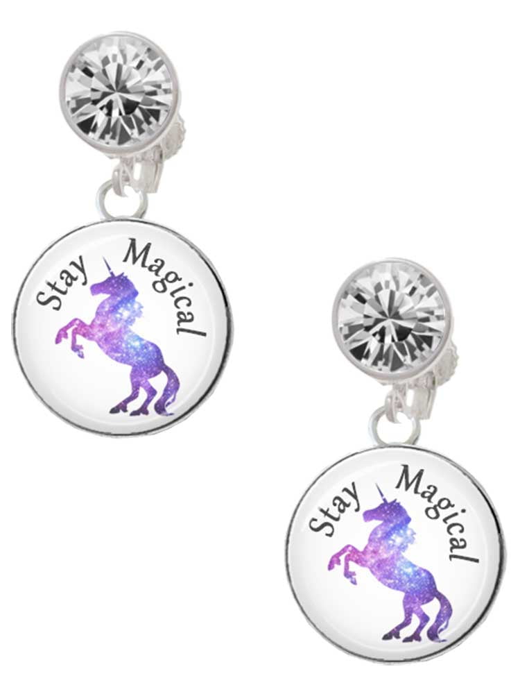 Silvertone Domed Stay Magical Unicorn Clear Crystal Clip On Earrings