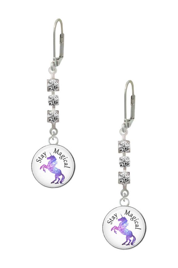 Silvertone Domed Stay Magical Unicorn Crystal Madison Leverback Earrings