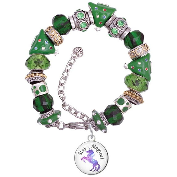 Silvertone Domed Stay Magical Unicorn Green Christmas Bead Bracelet