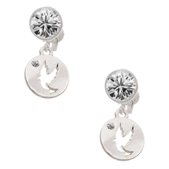 Silvertone Dove Disc Clear Crystal Clip On Earrings