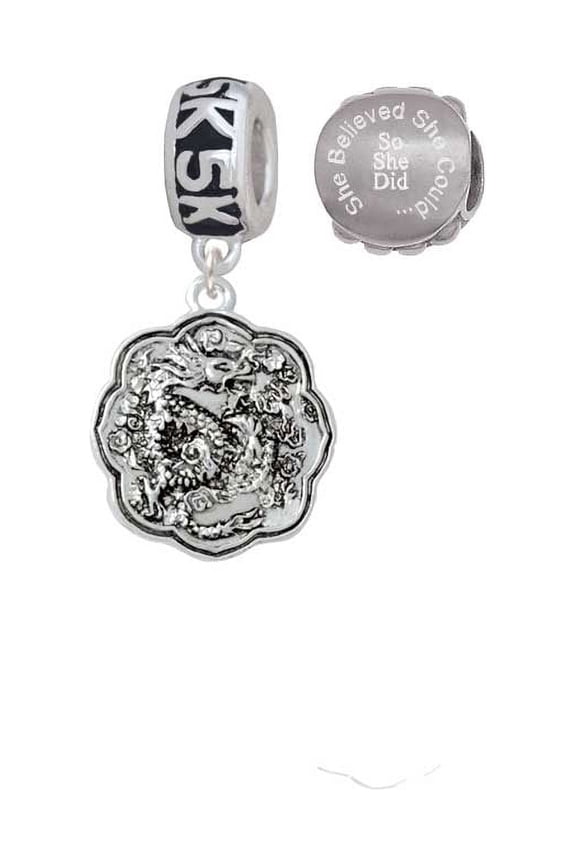 Silvertone Dragon and Phoenix Medallion 5K Run She Believed She Could Charm Beads (Set of 2)
