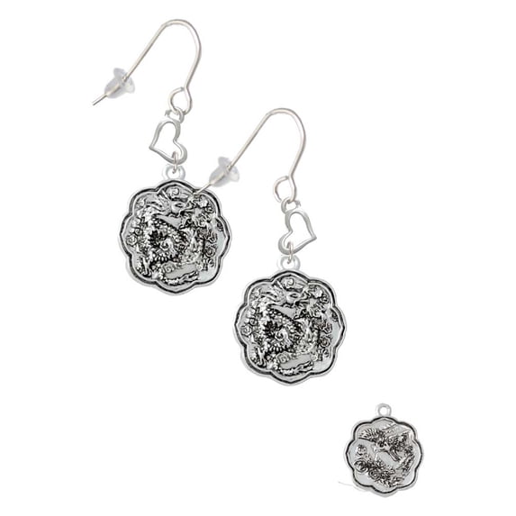 Silvertone Dragon and Phoenix Medallion Heart French Earrings