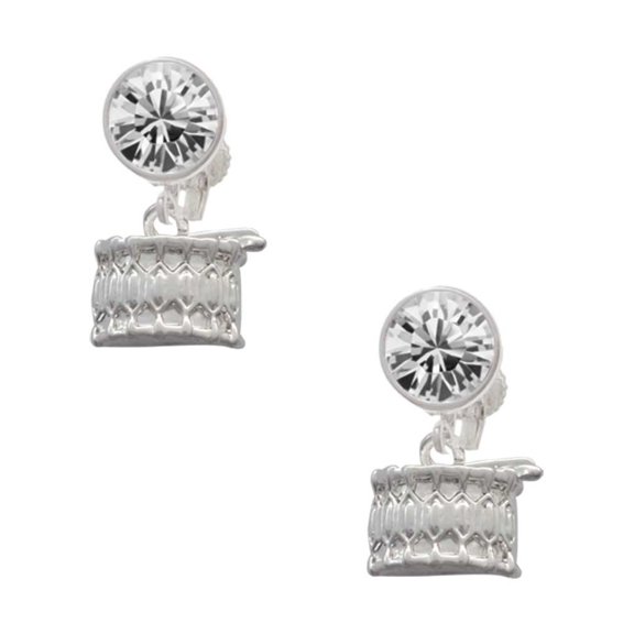 Silvertone Drum Clear Crystal Clip On Earrings