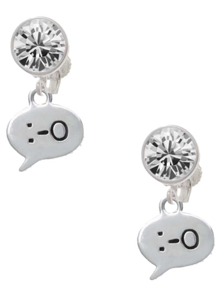 Silvertone Emoticon :-O - Surprise - Clear Crystal Clip On Earrings