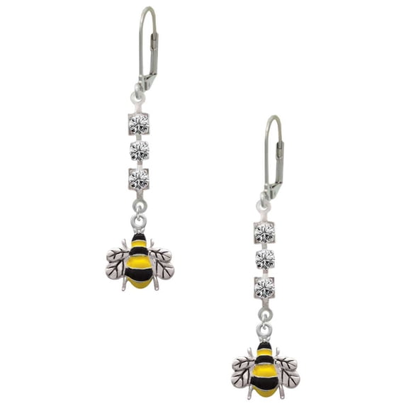 Silvertone Enamel Bee Crystal Madison Leverback Earrings