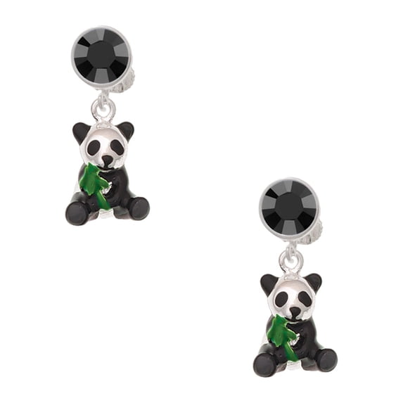 Delight Jewelry Silvertone Enamel Sitting Panda Black Crystal Clip on Earrings