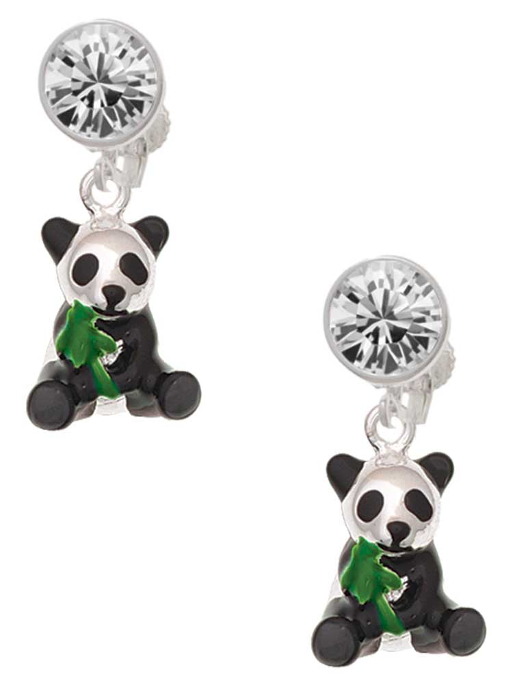 Silvertone Enamel Sitting Panda Clear Crystal Clip On Earrings