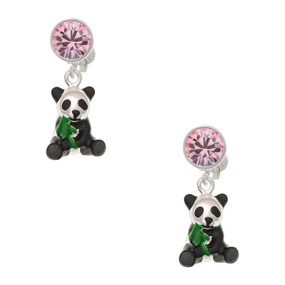 Delight Jewelry Silvertone Enamel Sitting Panda Pink Crystal Clip on Earrings