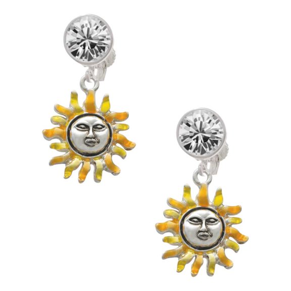 Silvertone Enamel Sun Clear Crystal Clip On Earrings