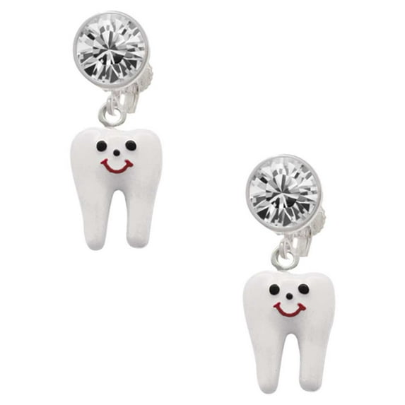 Silvertone Enamel Tooth Clear Crystal Clip On Earrings