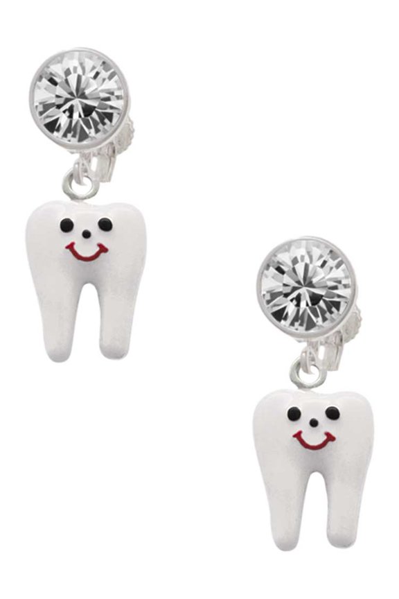 Silvertone Enamel Tooth Clear Crystal Clip On Earrings