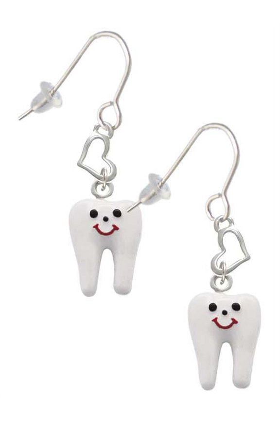 Silvertone Enamel Tooth Heart French Earrings