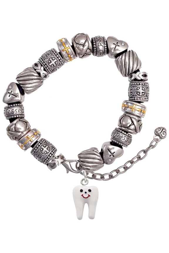 Silvertone Enamel Tooth Silver Tone Christian Bead Bracelet