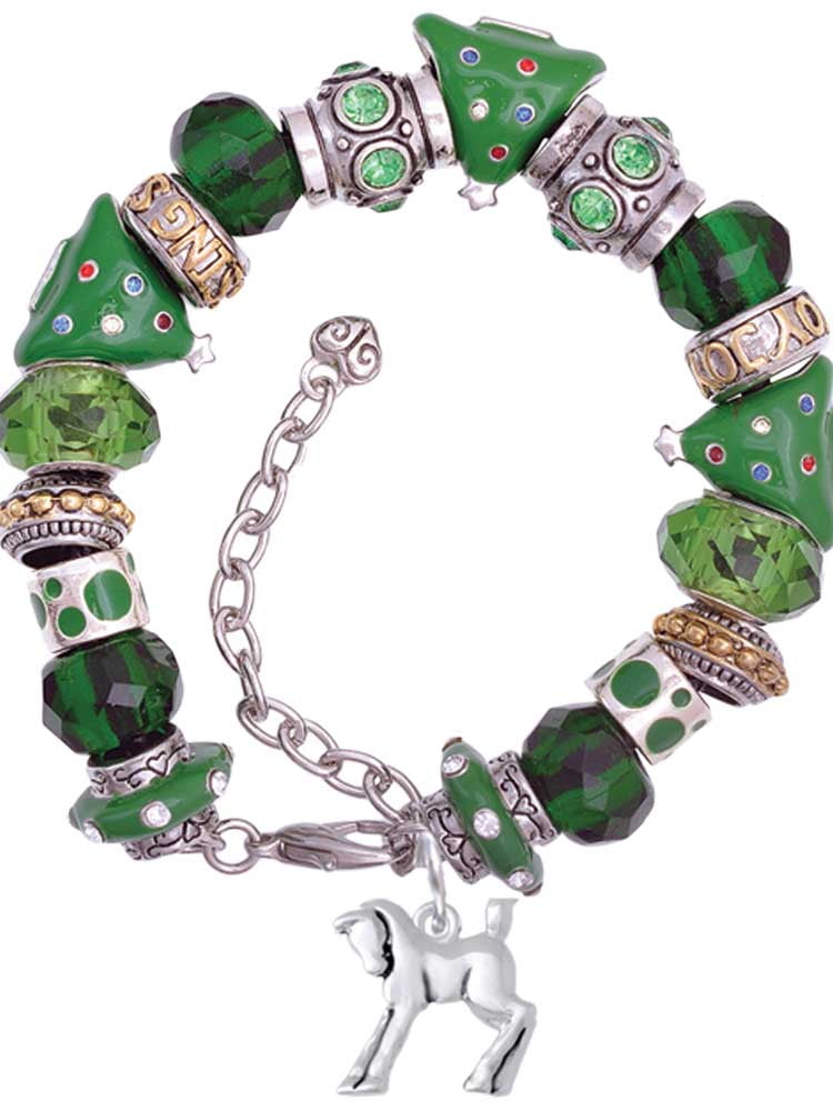 Silvertone Equestrian Horse Green Christmas Bead Bracelet