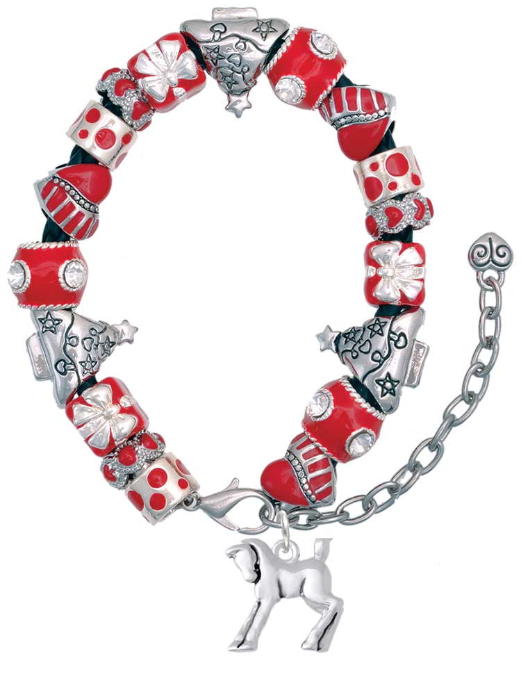 Silvertone Equestrian Horse Red Christmas Bead Bracelet
