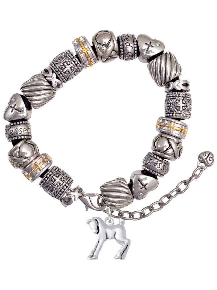 Silvertone Equestrian Horse Silver Tone Christian Bead Bracelet