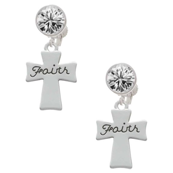 Silvertone Faith Flat Cross Clear Crystal Clip On Earrings