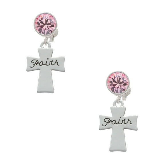 Delight Jewelry Silvertone Faith Flat Cross Pink Crystal Clip on Earrings