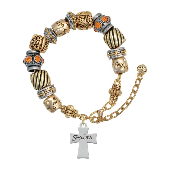 Silvertone Faith Flat Cross Two Tone Christian Bead Bracelet